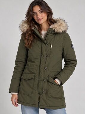 American Eagle Olive Green Faux Fur Hooded Parka Jacket S Gorpcore Utility Coat